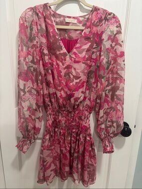 Ramy Brook Pink Floral & Neutral Print Long Sleeve Smocked Waist Dress